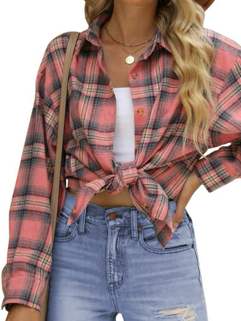 💛 Oversized Plaid Button-Up Flannel Shirt - Coral Pink